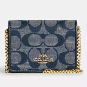 COACH MINI WALLET ON A CHAIN CHAMBRAY SIGNATURE C LOGO DENIM CROSSBODY